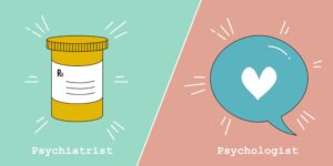 Illustration montrant la différence entre un psychiatre et un psychologue avec médicaments et consultation au Maroc