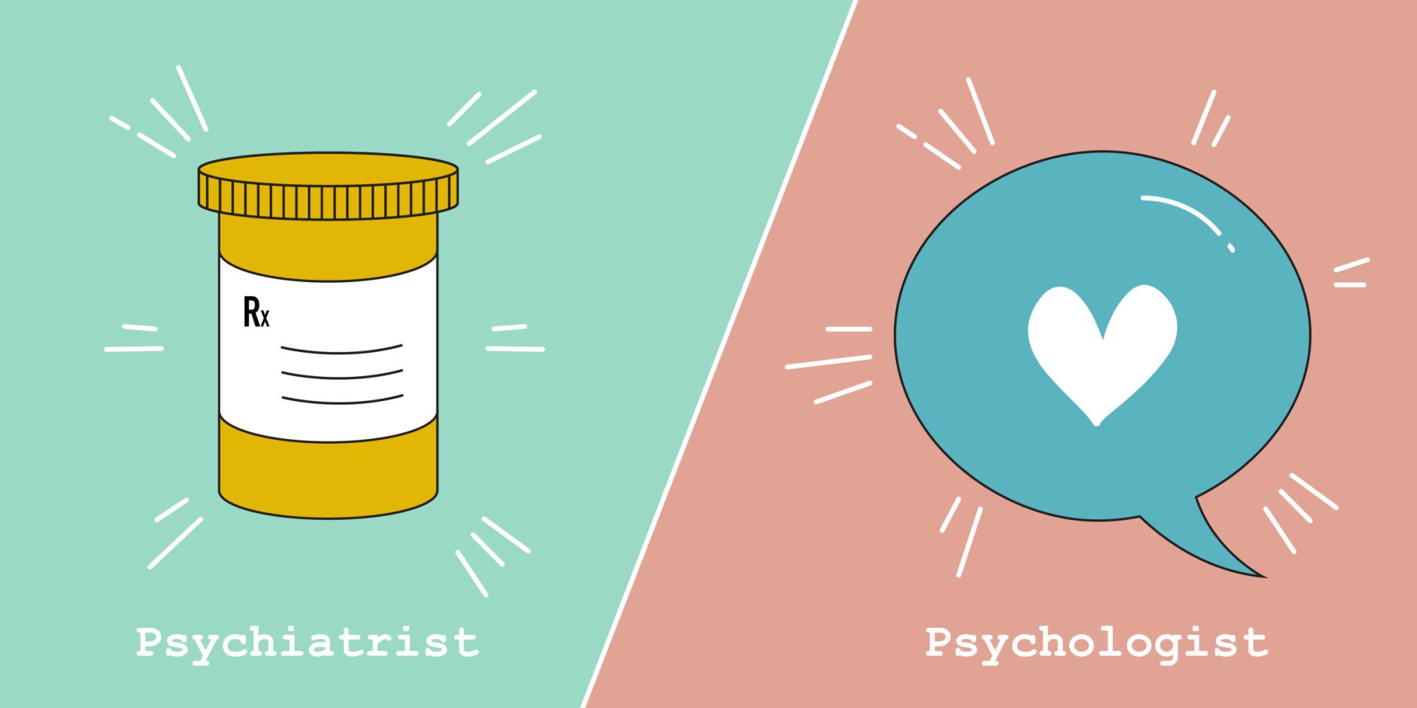 Illustration montrant la différence entre un psychiatre et un psychologue avec médicaments et consultation au Maroc