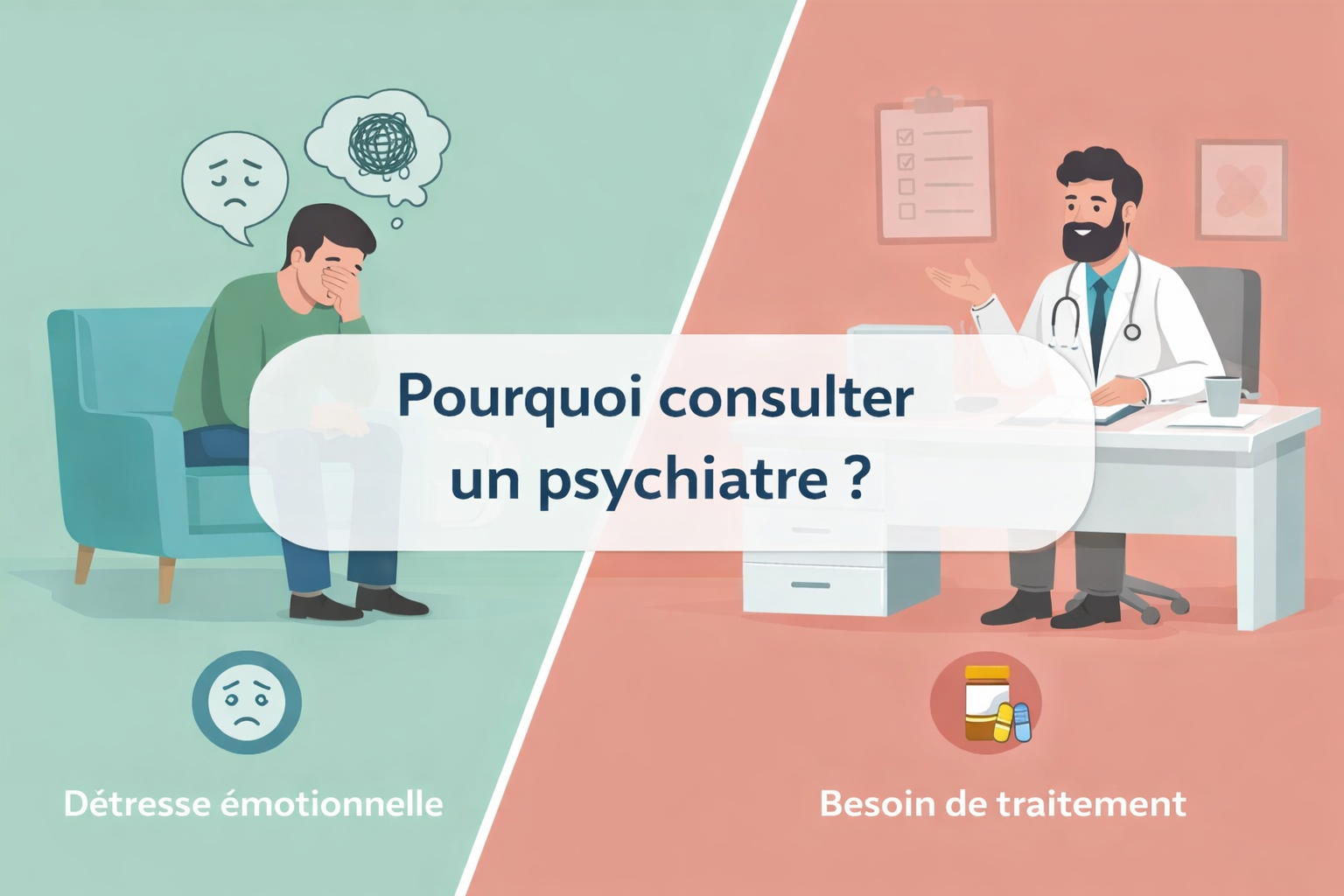 Pourquoi consulter un psychiatre illustration montrant détresse émotionnelle et traitement médical au Maroc