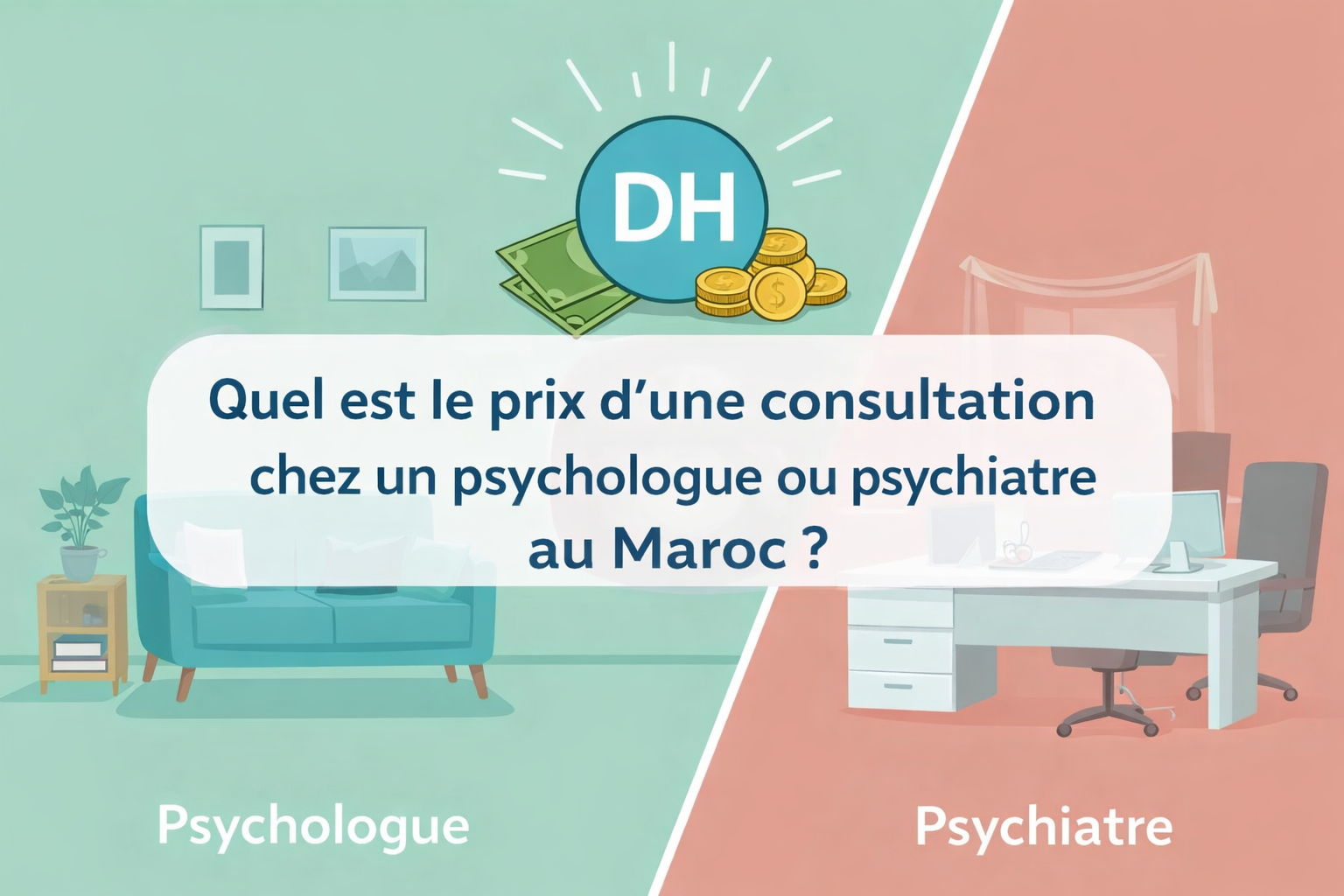 Prix d’une consultation chez un psychologue et un psychiatre au Maroc avec illustration comparative et symbole dirham